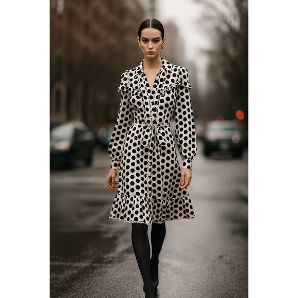 Diane Von Furstenberg Dresses & Skirts - DVF Chicago Polka Dot Midi Dress NWT Size 12 Black Ivory Ruffle Cotton